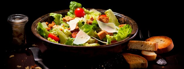 Salade de César fraîche sur une table en bois sur un fond sombre