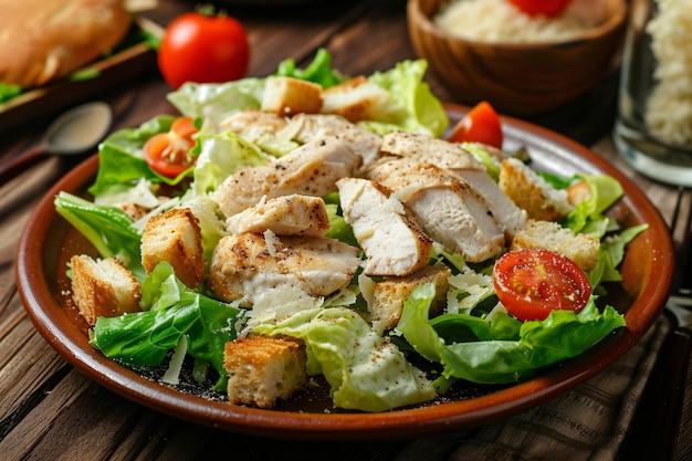 Photo salade césar avec des tomates au poulet.