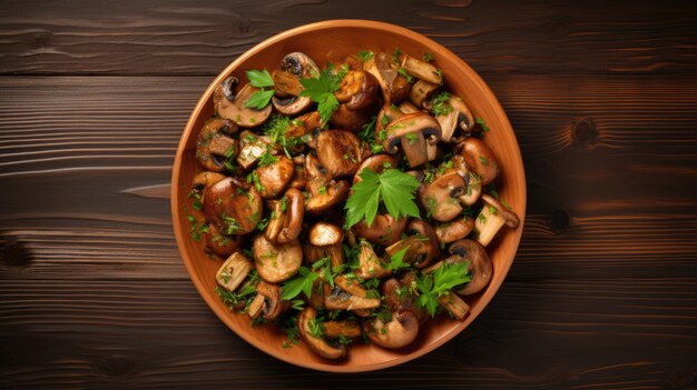 Salade de champignons au persil sur fond de bois Vue de dessus Generative AI