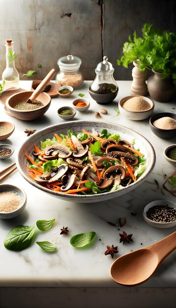 Salade de champignons sur un comptoir en marbre