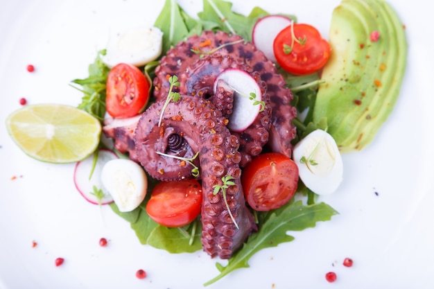 Salade chaude avec des tomates cerises de poulpe avocat roquette oeufs de caille radis et citron vert sur une plaque blanche