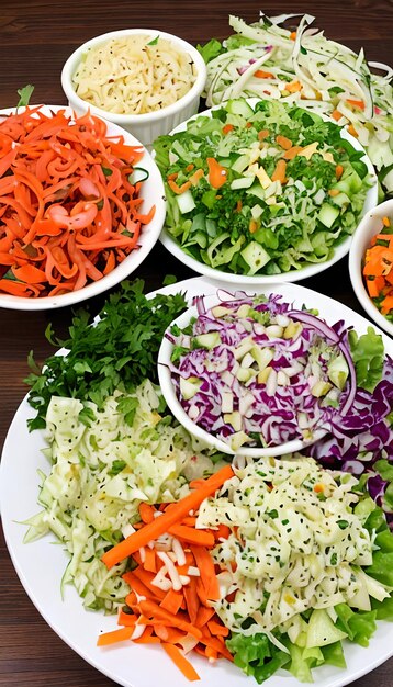 Photo salade de chou coleslow avec carotte sur la table de cuisine grise vue supérieure de l'espace de copie