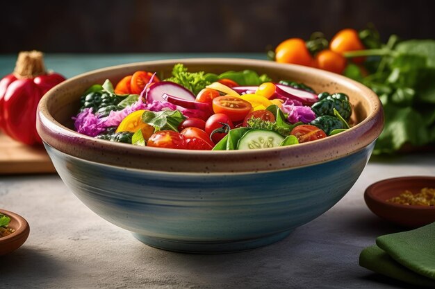 Salade colorée dans un bol bleu et blanc sur table Ai générative