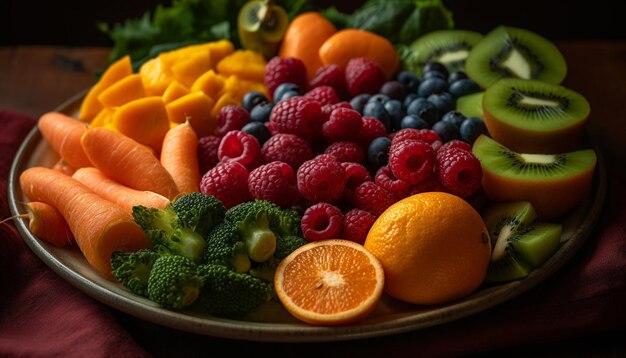 Une salade colorée de fruits et légumes frais sur bois générée par IA
