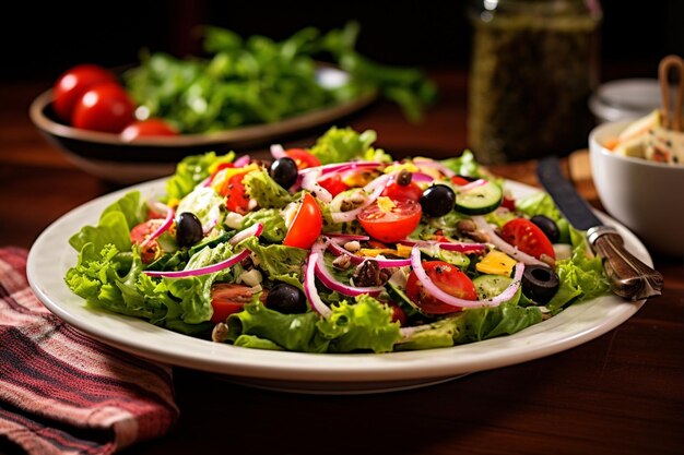 Une salade colorée présentée sur blanc