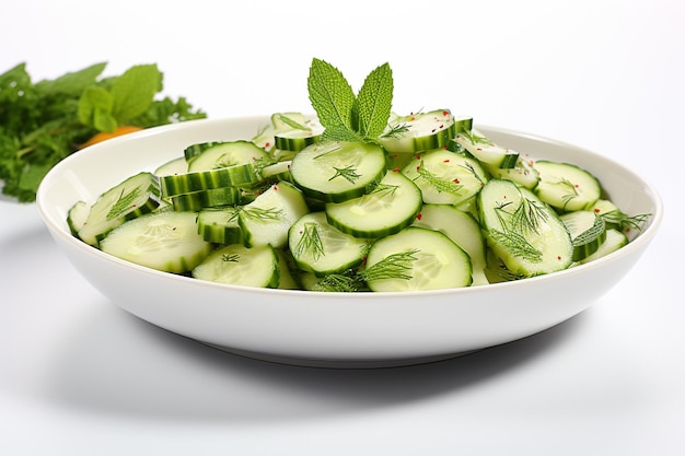 Salade de concombres avec de l'aneth et du persil sur fond blanc