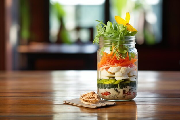 Salade en couches de bocaux en verre visibles sur une table en bois