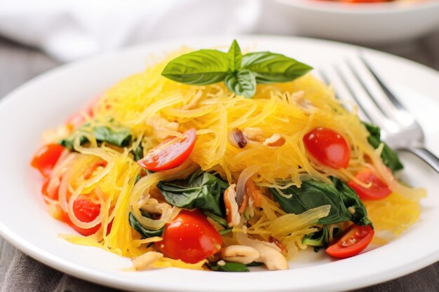 Salade de courge spaghetti aux légumes sur une assiette blanche