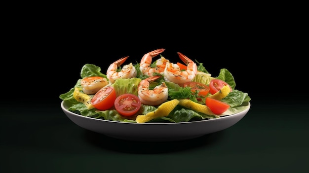 Une salade avec des crevettes et des tomates sur le dessus