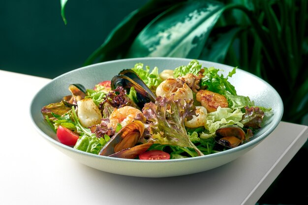 Salade diététique aux crevettes, moules et pétoncles dans une assiette grise. Salade de fruit de mer