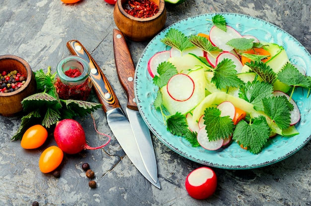 Salade diététique aux feuilles de concombre, de radis, de tomate et d'ortie. Nutrition saine. Salade de printemps. Nourriture végétarienne.