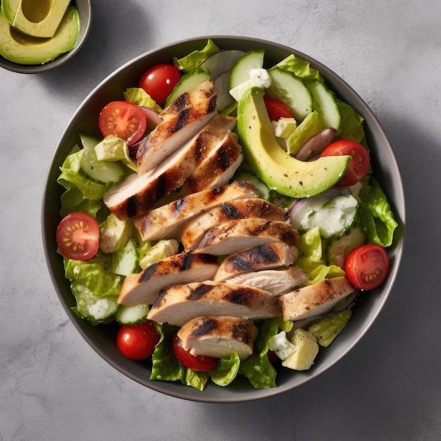 Salade avec du poulet, des avocats, des tomates et des concombres sur un fond gris