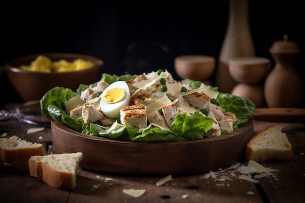 Une salade avec du poulet sur le dessus et du fromage sur le dessus