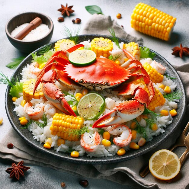 salade avec du riz à la chair de crabe et de l'art alimentaire au maïs