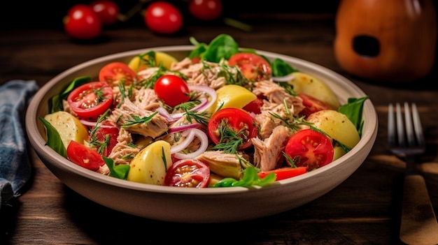 Salade avec du thon, des tomates, des pommes de terre et des oignons, vue latérale rapprochée Salade de thon avec des tomates.