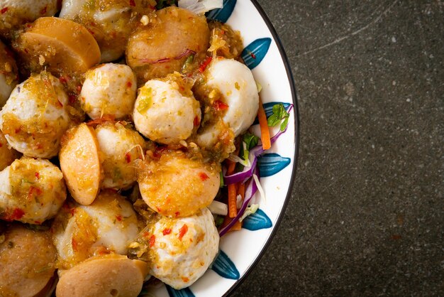 Salade épicée aux boulettes de viande et boulettes de poisson