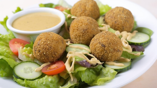 Une salade avec falafel sur le dessus et une salade en arrière-plan