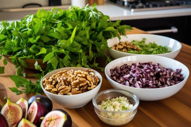 Photo salade de figues et de noix en préparation dans une cuisine