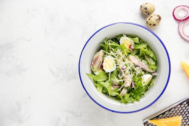 Photo salade fraîche au hareng salé, poisson, laitue, œufs à la coque, oignons rouges et fromage parmesan