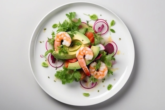 Salade fraîche aux crevettes, avocat et herbes sur une assiette Generative AI