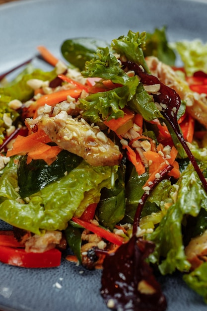 Salade fraîche biologique saine avec tomates, poivrons et poitrines de poulet grillées masala au poulet et fre