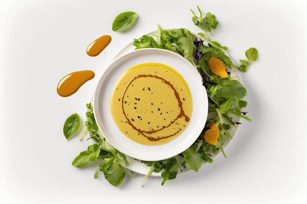 Salade fraîche avec une délicieuse vinaigrette sur une assiette blanche Generative AI