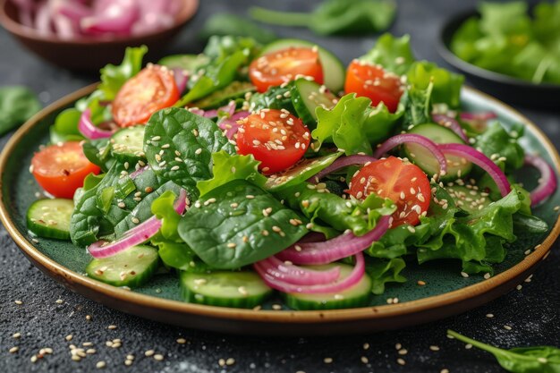 Salade fraîche avec du concombre, de la tomate, de l'oignon rouge et des feuilles d'épinards