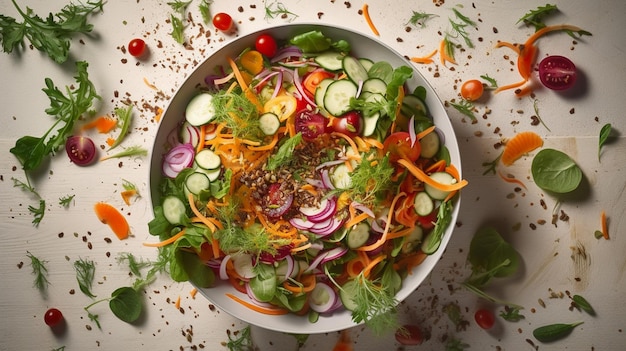 Photo salade fraîche avec des ingrédients de légumes volants