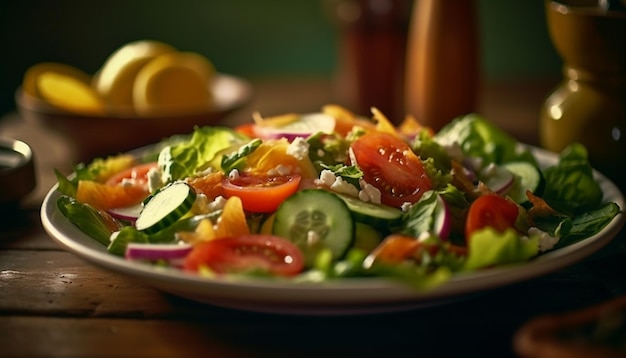 Salade fraîche de légumes biologiques sur une assiette rustique générée par l'IA