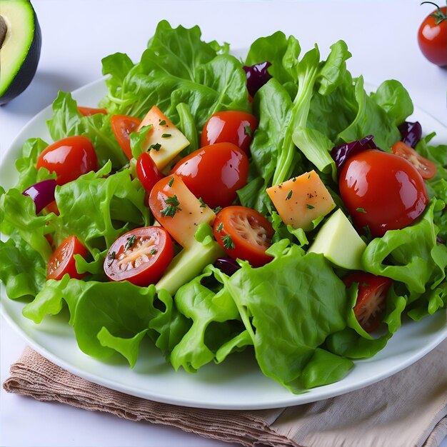 Salade fraîche photo gratuite avec tomates au poulet et légumes verts mélangés image générée par ai