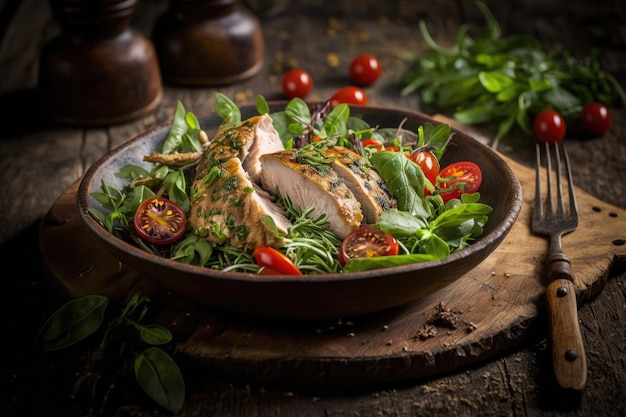 Salade fraîche avec poulet, tomates et herbes mélangées Illustration AI GenerativexA