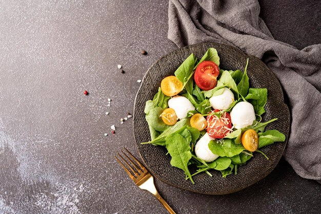 Salade fraîche avec roquette, tomates cerises, mozzarella et fromage à pâte dure sur fond sombre Vue de dessus