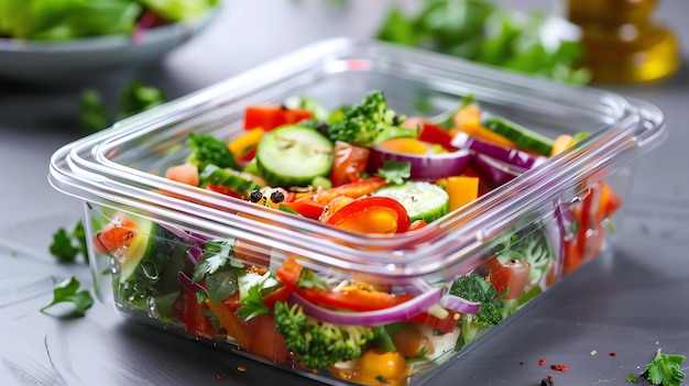 Photo salade fraîche et saine avec des légumes biologiques dans un récipient en plastique la salade comprend des concombres, des poivrons, des brocolis et des oignons rouges