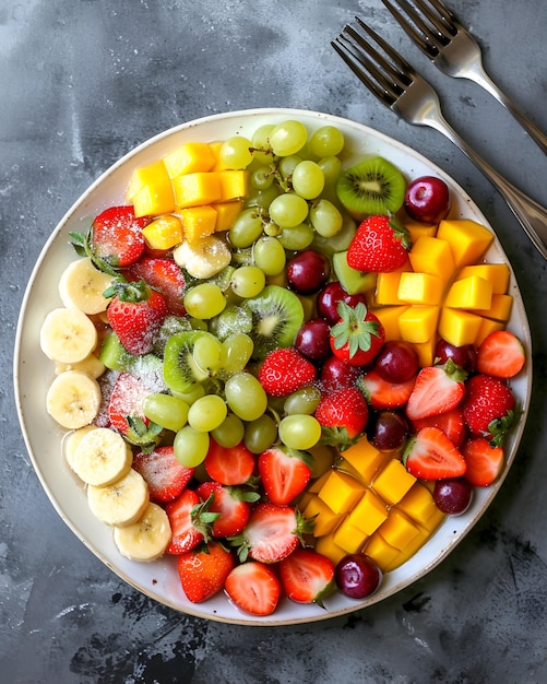 Salade de fruits sur une assiette blanche il y a des fraises, des raisins, des kiwis, des oranges, des baies de banane, etc.