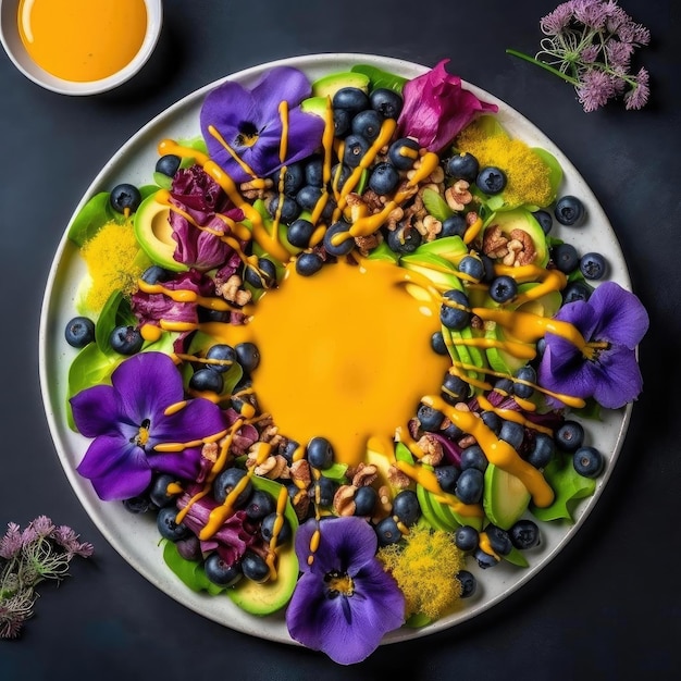 Salade de fruits avec des bleuets, de la mangue, de l'avocat et des fleurs de pansy violettes