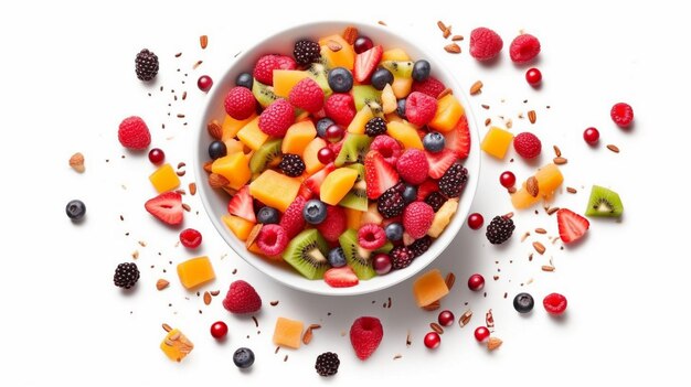 Salade de fruits en chute isolée sur un fond blanc