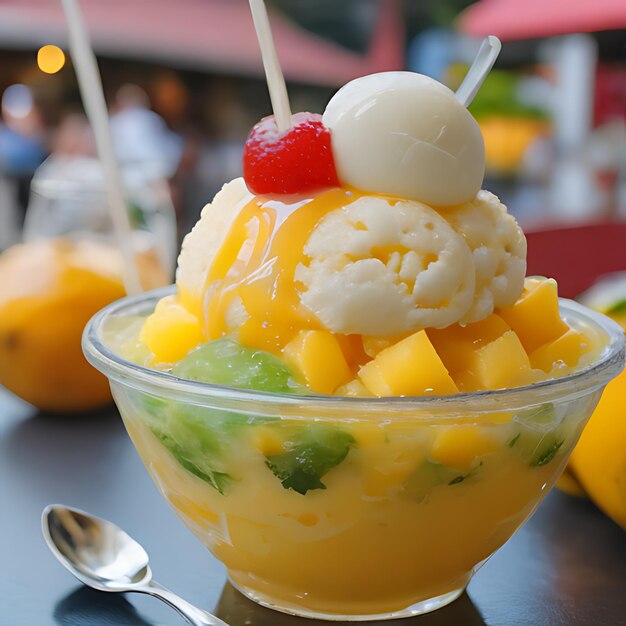 Photo une salade de fruits avec une cuiller et une cuillère sur une table