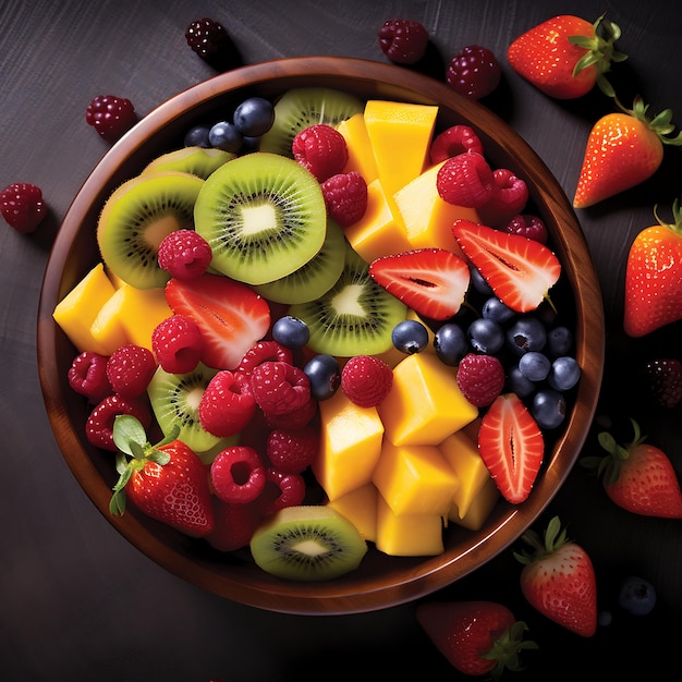 Salade de fruits dans un bol de verre sur fond noir Nourriture saine