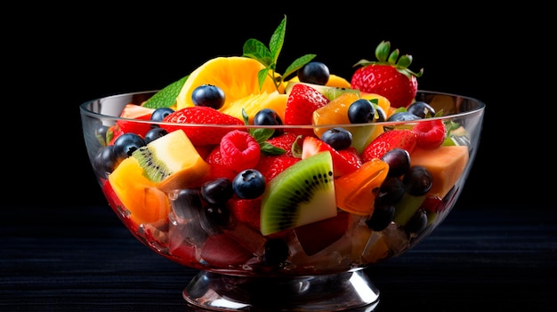 Photo salade de fruits sur un fond noir ia générative