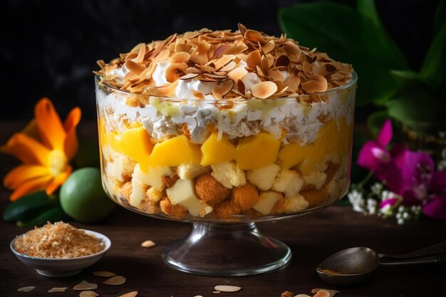 Une salade de fruits fourrée à la mangue et un bol d'amandes.