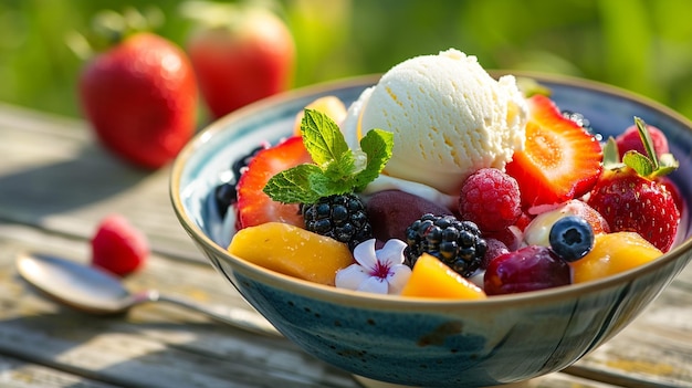 salade de fruits frais et crème glacée sur le fond de la nature