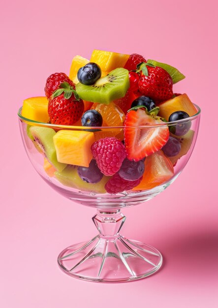 Salade de fruits frais dans un bol en verre sur un fond rose