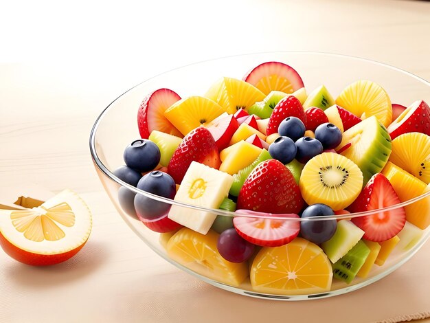 Photo salade de fruits frais dans un bol en verre table en bois isolée meilleure photographie ai générer une image