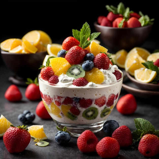 Salade de fruits frais avec yaourt sur fond noir gros plan