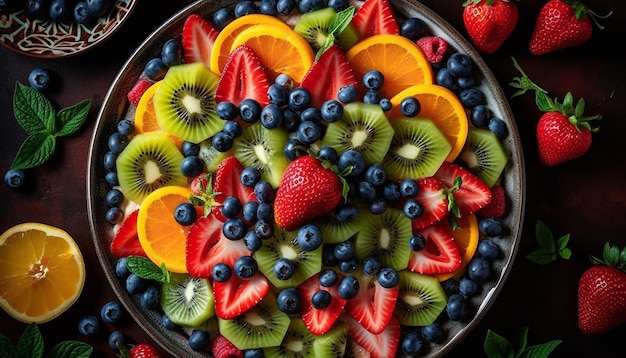 Une salade de fruits gourmande aux baies fraîches kiwi et yaourt généré par IA