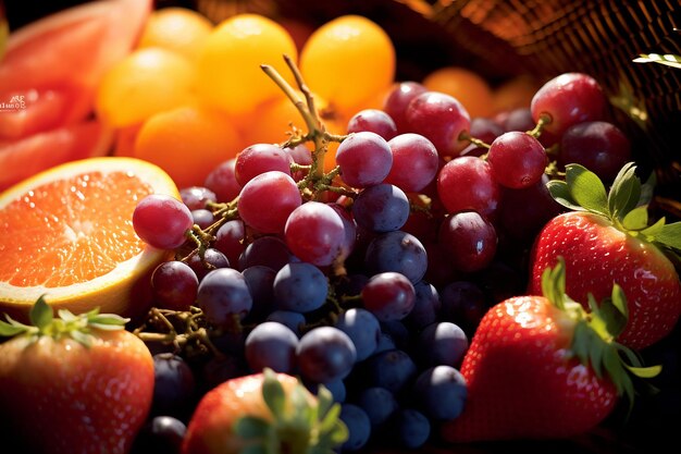 Une salade de fruits avec des raisins, des fraises et des bleuets