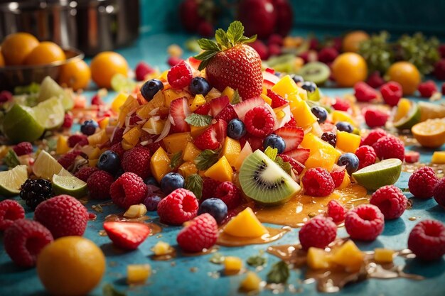 La salade de fruits renversée sur le sol était un désordre de couleurs et de textures vibrantes.