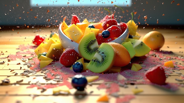 La salade de fruits renversée sur le sol était un gâchis de couleurs et de textures vibrantes Un rendu 3D professionnel Une photographie professionnelle devrait utiliser une IA générative de haute qualité