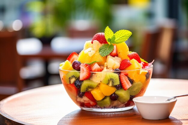 Photo une salade de fruits servie dans un bol de verre sur une table en bois.