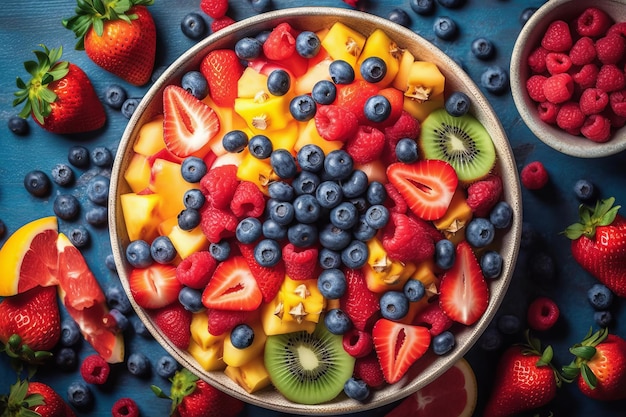 Salade de fruits avec des tranches juteuses de pastèque, d'ananas et de fraises entourées de bleuets et de framboises frais